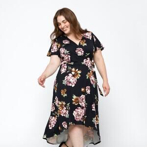 Fortune + Ivy 1X Irene Wrap Black Floral Flowy Maxi Dress [0241]